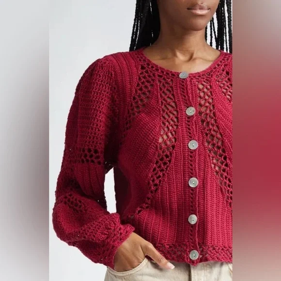 New! FARM Rio Flower Crochet Knit Burgundy Rec Cardigan ♥️ Small NWT! - Picture 8 of 12